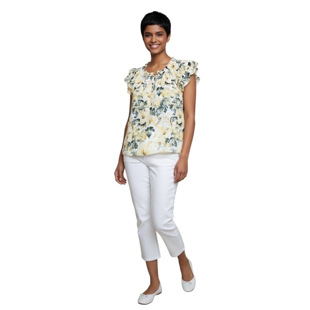 Rose & Olive Yellow Floral Ruffle Sleeve V Neck Blouse Top Cottagecore Fairy M
